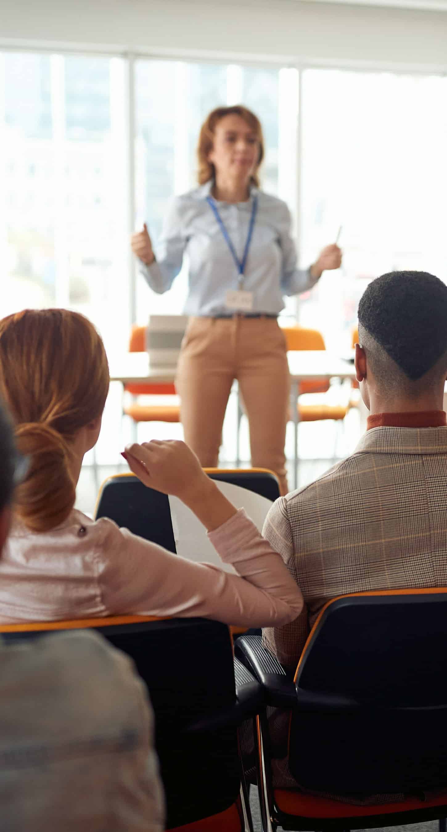 A woman speaking to a group of professionals.