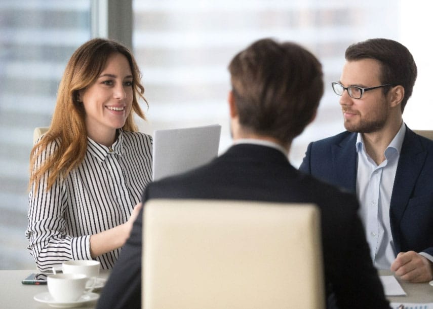 Business partners discussing career